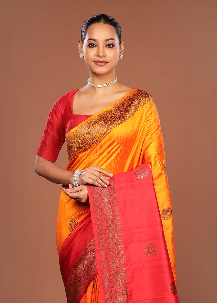 Orange Handloom Tussar Pure Silk Saree With Blouse Piece