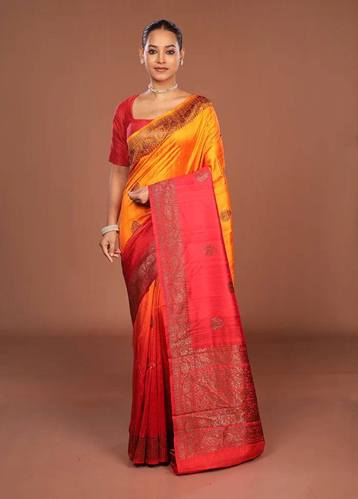 Orange Handloom Tussar Pure Silk Saree With Blouse Piece - Image 2
