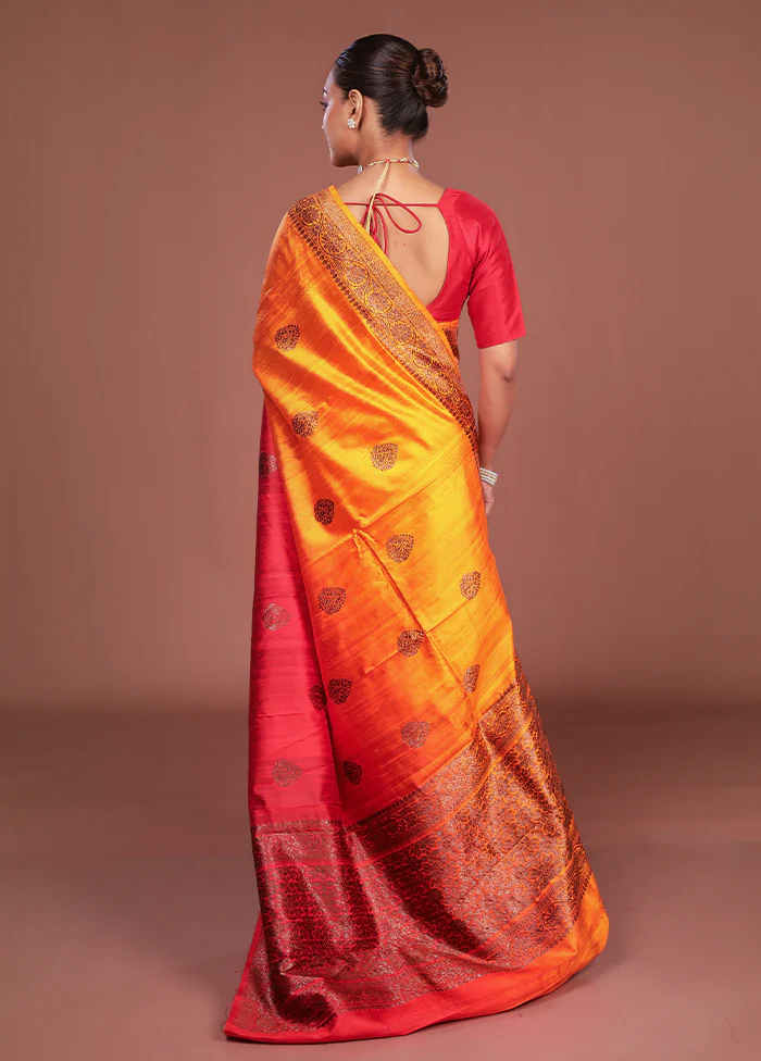 Orange Handloom Tussar Pure Silk Saree With Blouse Piece - Image 3