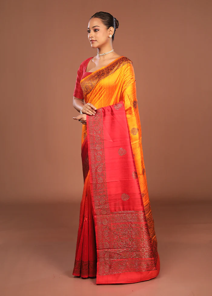 Orange Handloom Tussar Pure Silk Saree With Blouse Piece - Image 4