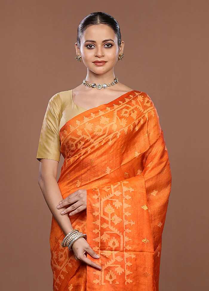 Orange Handloom Tussar Silk Saree With Blouse Piece