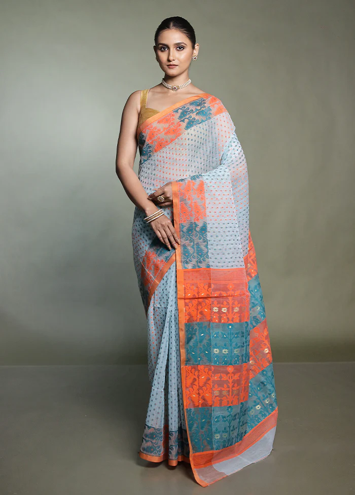 Orange Tant Jamdani Saree Without Blouse Piece - Image 2