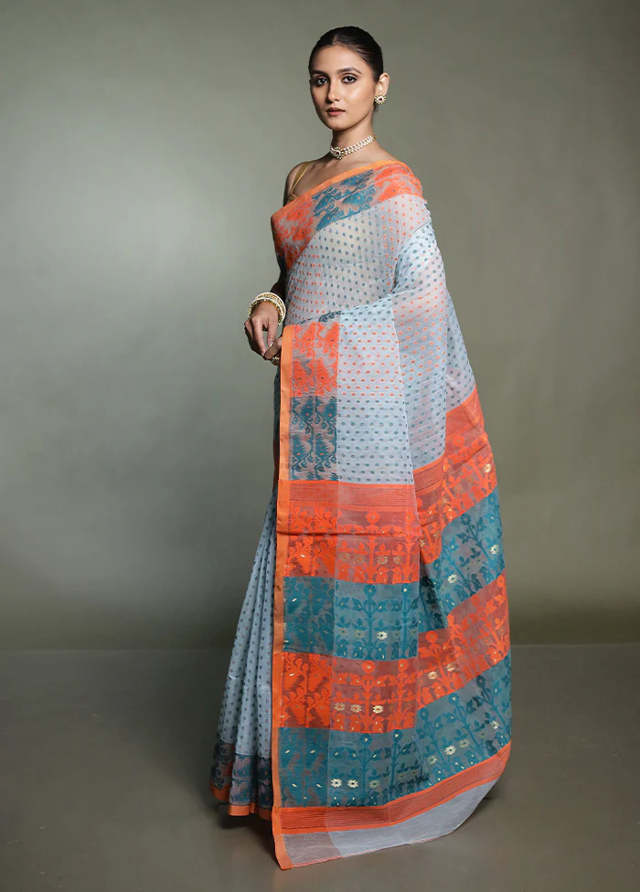 Orange Tant Jamdani Saree Without Blouse Piece - Image 4