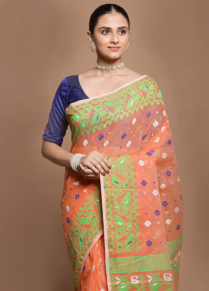 Orange Tant Jamdani Saree Without Blouse Piece - Image 2