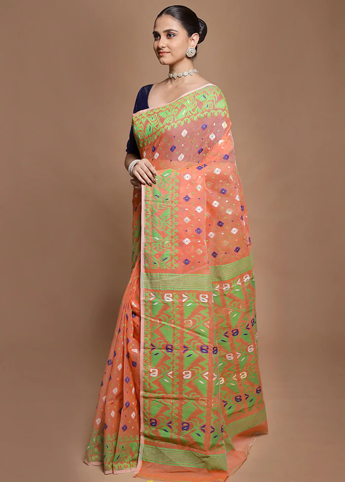 Orange Tant Jamdani Saree Without Blouse Piece - Image 4