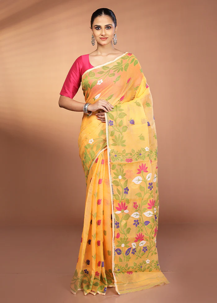 Orange Tant Jamdani Saree Without Blouse Piece - Image 2