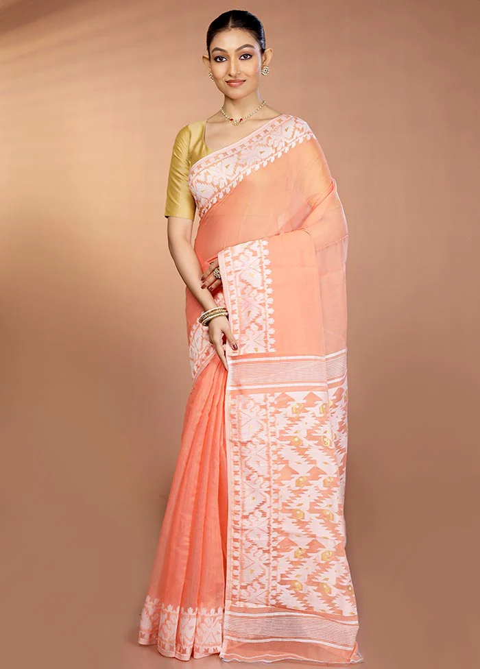 Orange Tant Jamdani Saree Without Blouse Piece - Image 4