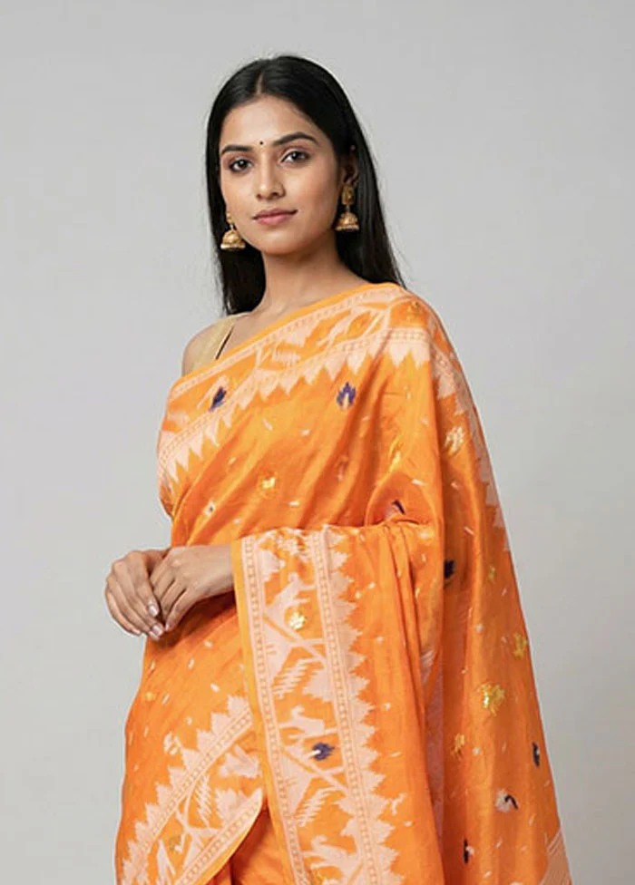Orange Jamdani Cotton Saree Without Blouse Piece - Image 2