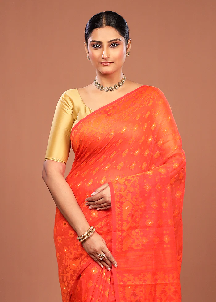 Orange Jamdani Cotton Saree Without Blouse Piece