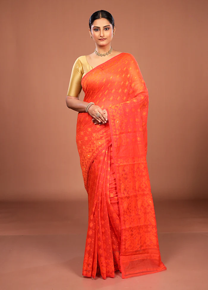 Orange Jamdani Cotton Saree Without Blouse Piece - Image 2
