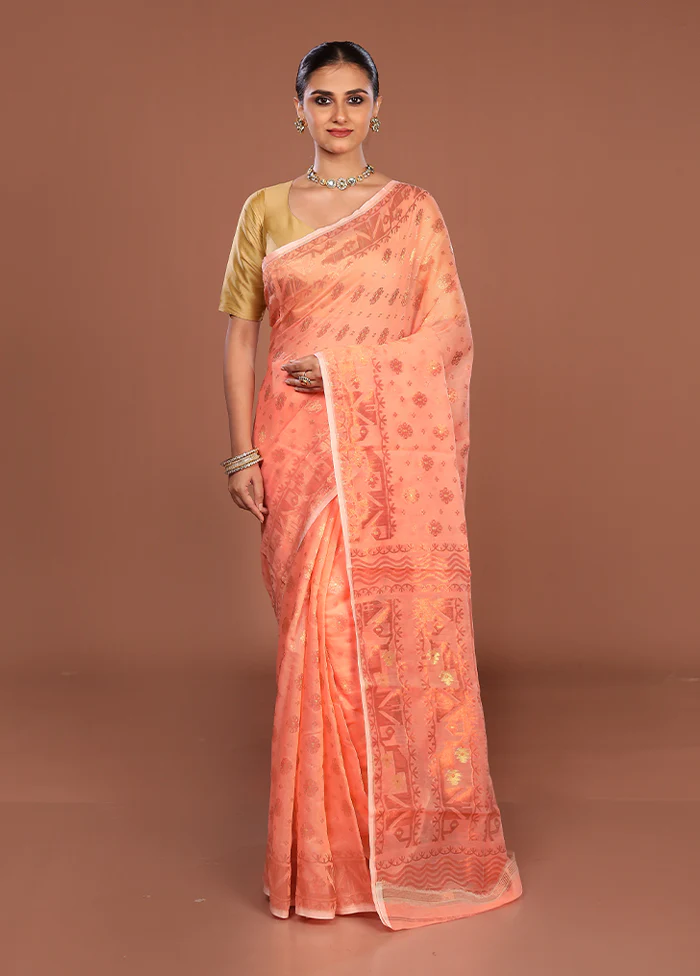 Orange Jamdani Cotton Saree Without Blouse Piece - Image 2