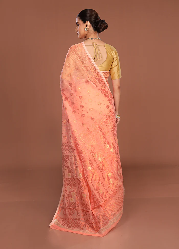 Orange Jamdani Cotton Saree Without Blouse Piece - Image 3