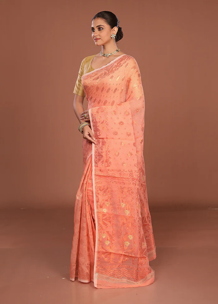 Orange Jamdani Cotton Saree Without Blouse Piece - Image 4