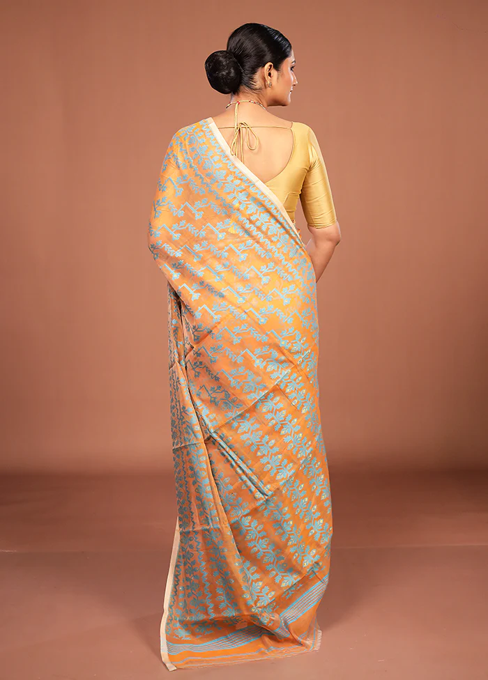 Orange Jamdani Cotton Saree Without Blouse Piece - Image 3