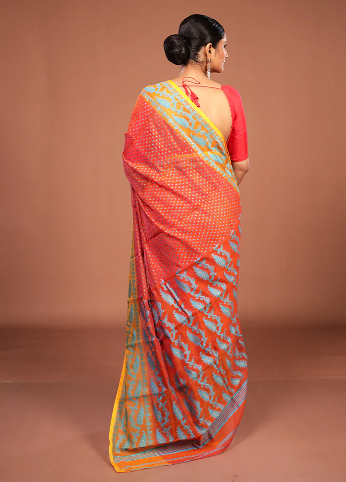 Orange Jamdani Cotton Saree Without Blouse Piece - Image 3