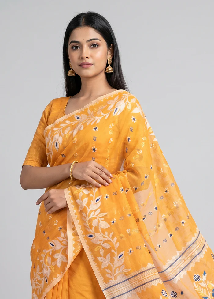 Orange Jamdani Cotton Saree Without Blouse Piece - Image 2