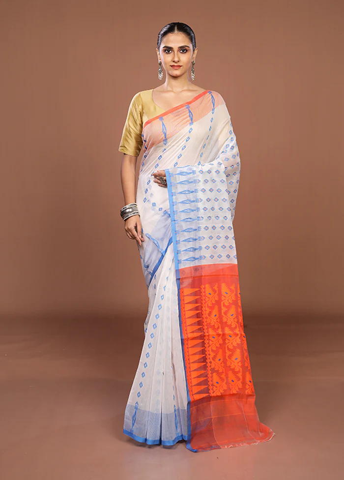 Orange Jamdani Cotton Saree Without Blouse Piece - Image 2