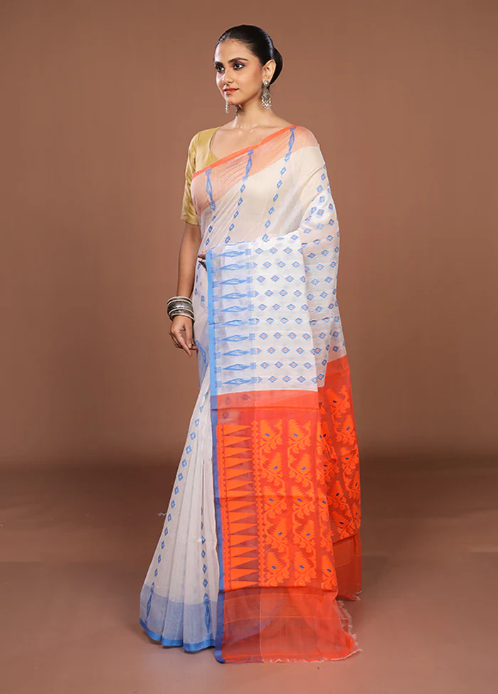 Orange Jamdani Cotton Saree Without Blouse Piece - Image 4
