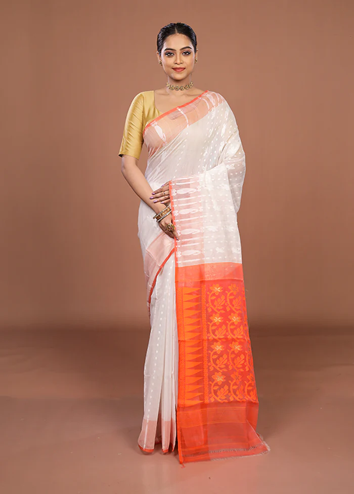 Orange Jamdani Cotton Saree Without Blouse Piece - Image 2