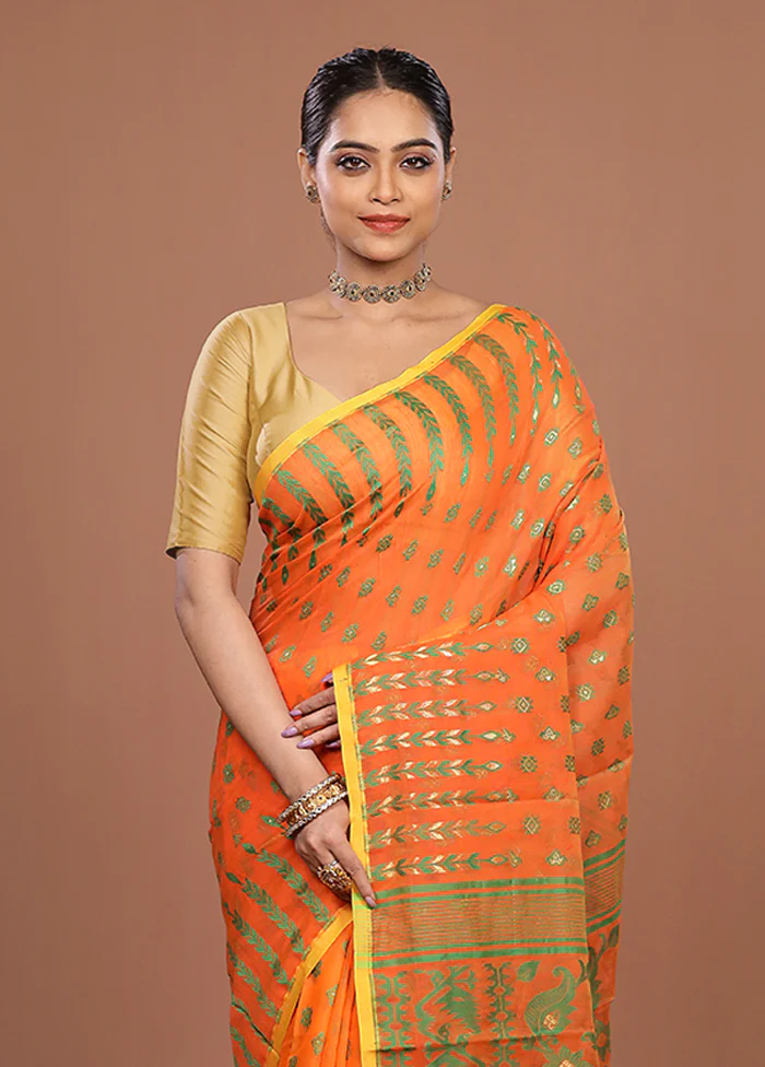 Orange Jamdani Cotton Saree Without Blouse Piece