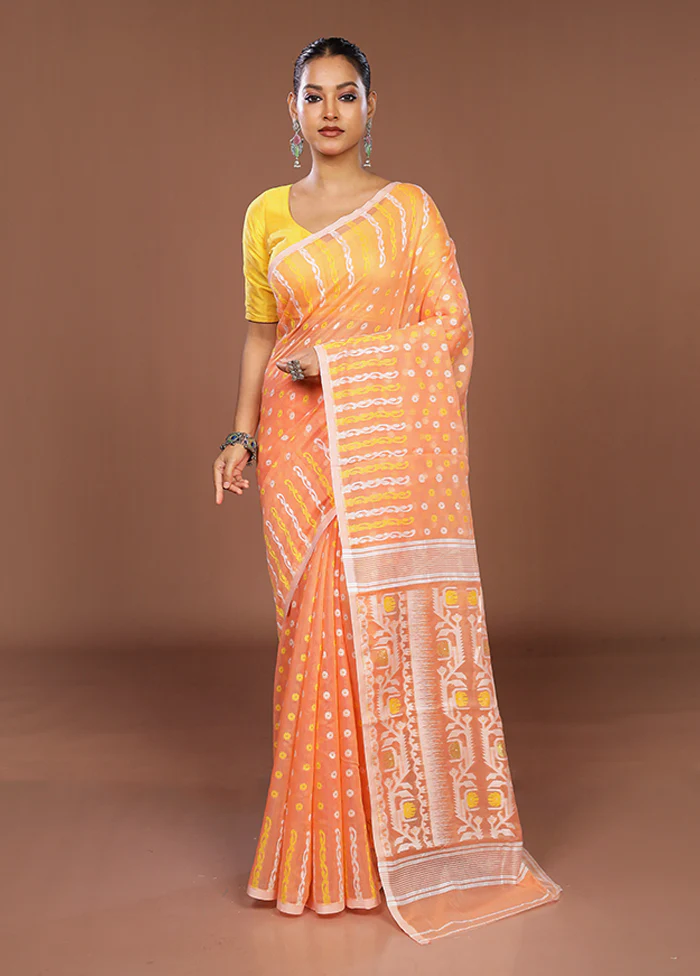 Orange Jamdani Cotton Saree Without Blouse Piece - Image 2