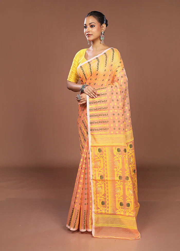 Orange Jamdani Cotton Saree Without Blouse Piece - Image 4