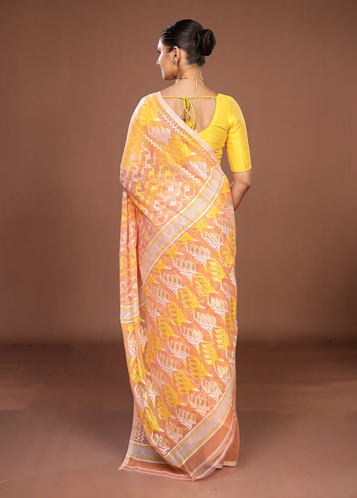 Orange Jamdani Cotton Saree Without Blouse Piece - Image 3