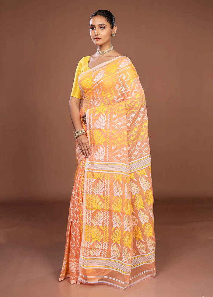 Orange Jamdani Cotton Saree Without Blouse Piece - Image 4