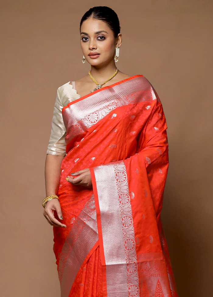 Orange Kanjivaram Silk Saree With Blouse Piece - Image 2