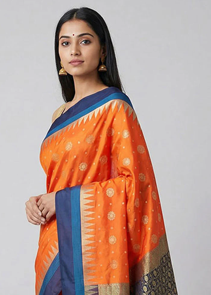 Orange Kanjivaram Silk Saree With Blouse Piece - Image 2