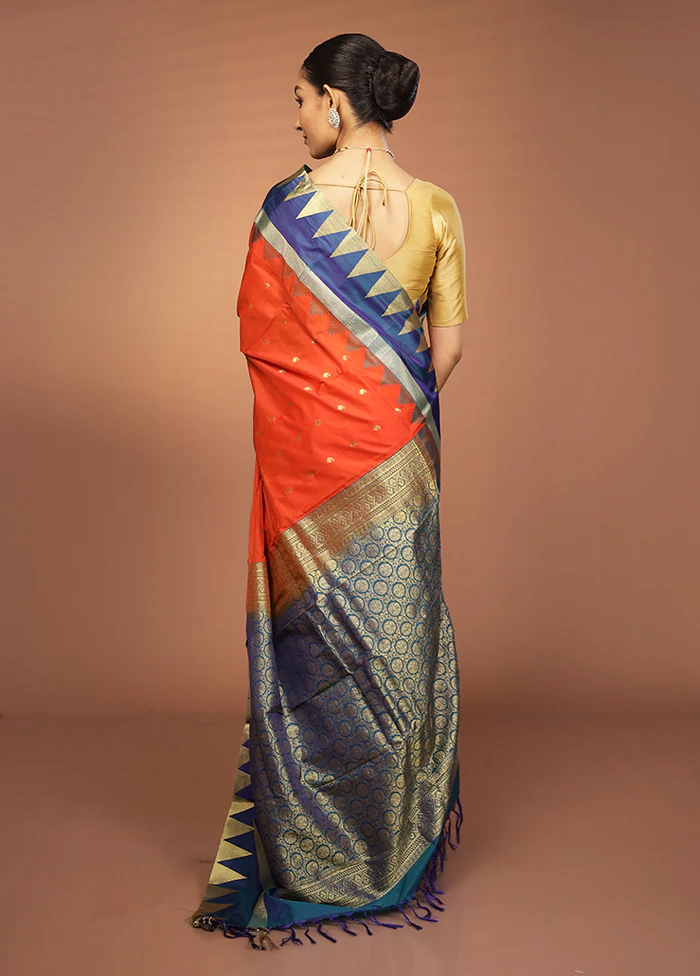 Orange Kanjivaram Silk Saree With Blouse Piece - Image 3