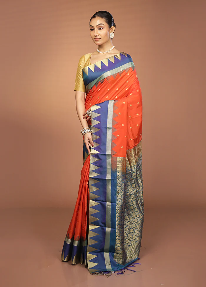 Orange Kanjivaram Silk Saree With Blouse Piece - Image 4