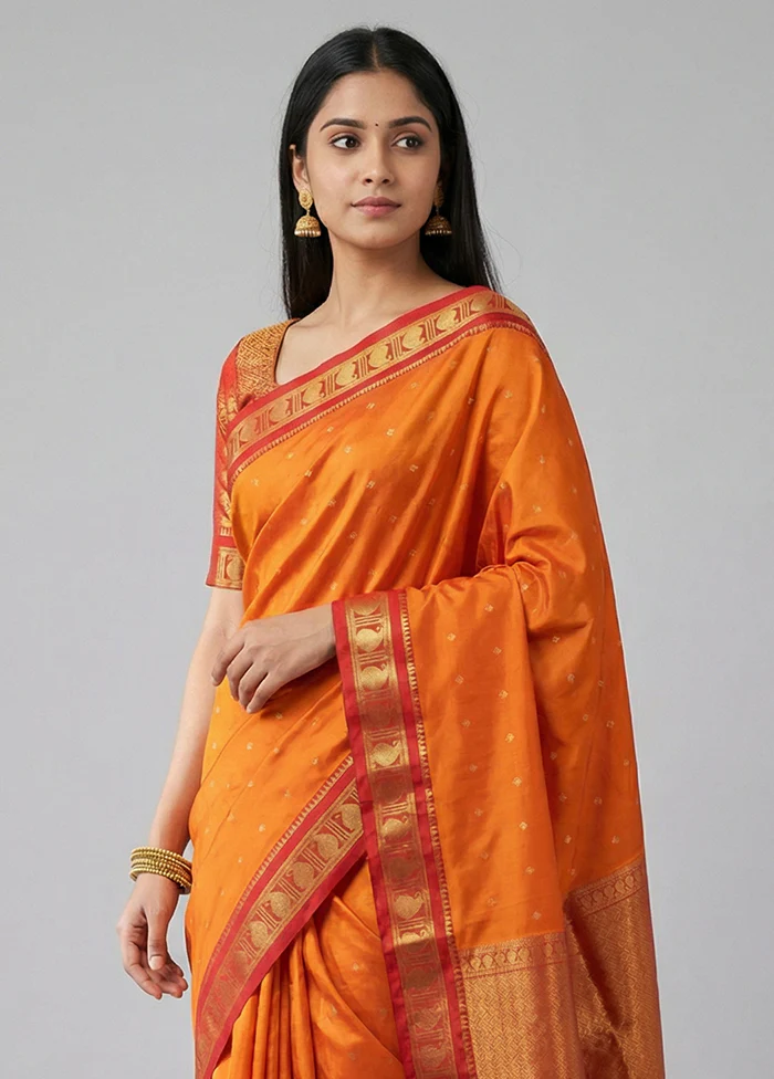 Orange Kanjivaram Silk Saree With Blouse Piece - Image 2