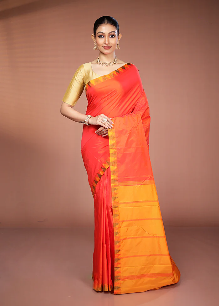 Orange Kanjivaram Silk Saree With Blouse Piece - Image 2