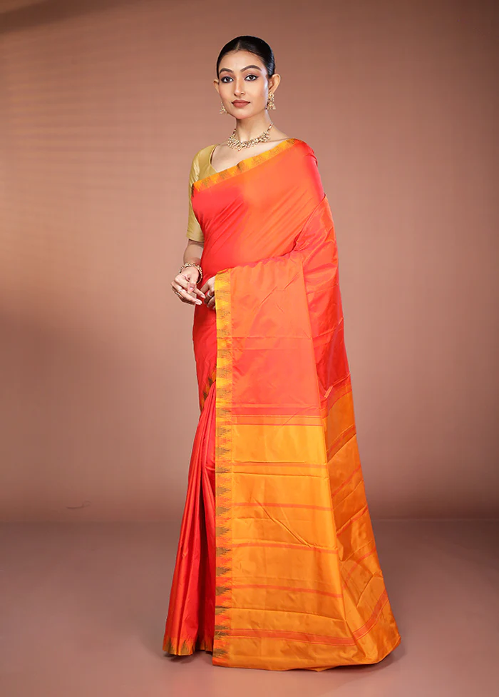Orange Kanjivaram Silk Saree With Blouse Piece - Image 4