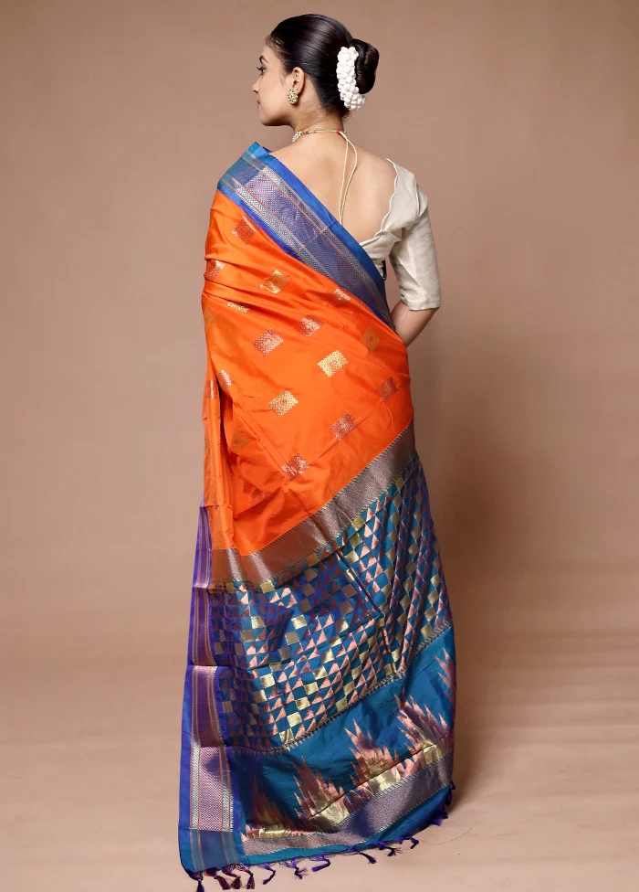 Orange Kanjivaram Silk Saree With Blouse Piece - Image 3