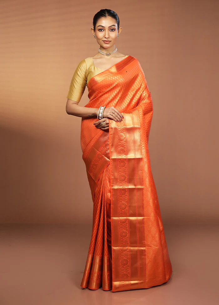 Orange Kanjivaram Silk Saree With Blouse Piece - Image 2