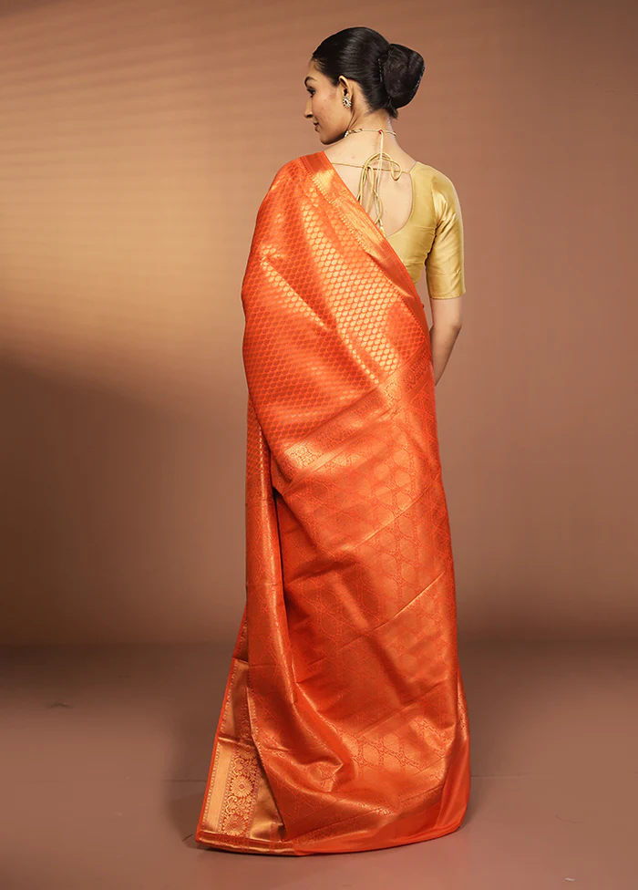 Orange Kanjivaram Silk Saree With Blouse Piece - Image 3