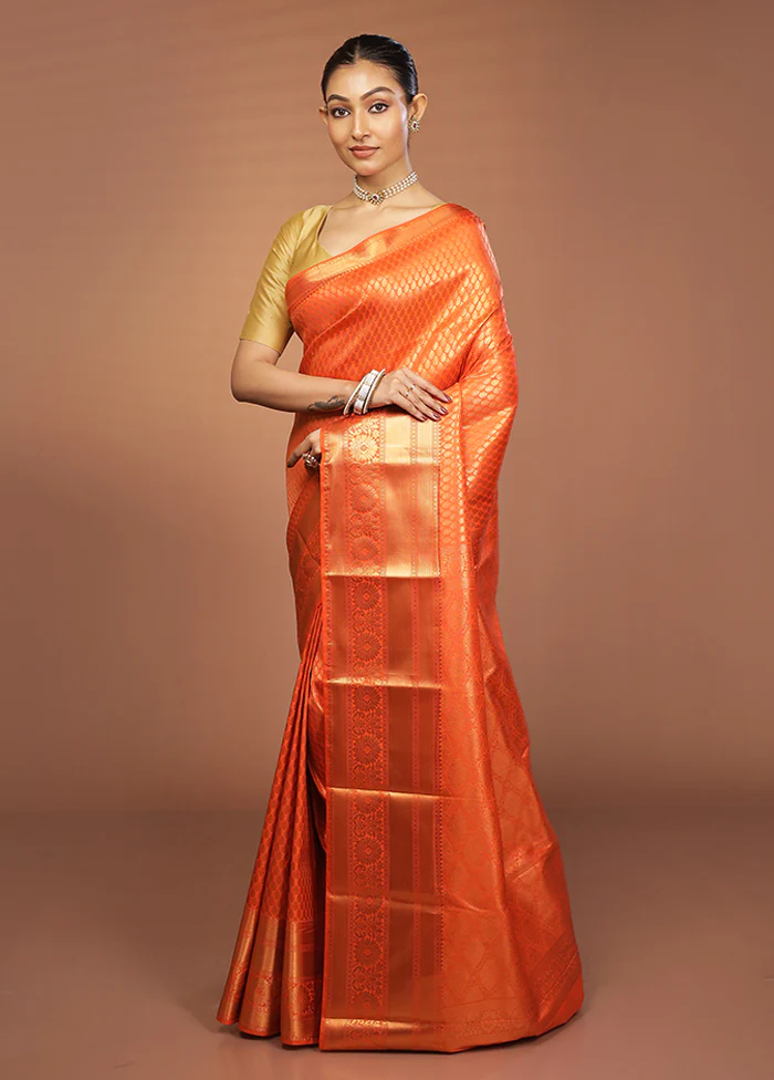 Orange Kanjivaram Silk Saree With Blouse Piece - Image 4