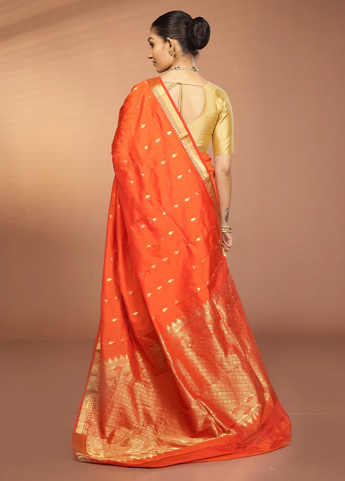 Orange Kanjivaram Silk Saree With Blouse Piece - Image 3