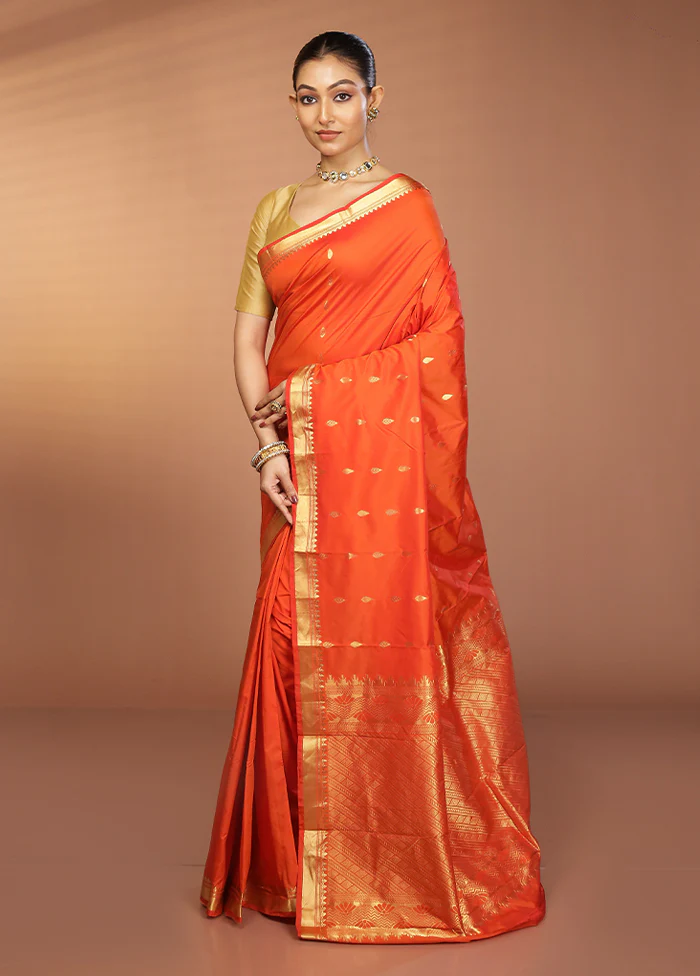 Orange Kanjivaram Silk Saree With Blouse Piece - Image 4