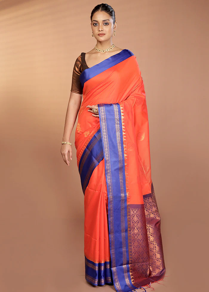 Orange Kanjivaram Silk Saree With Blouse Piece - Image 2