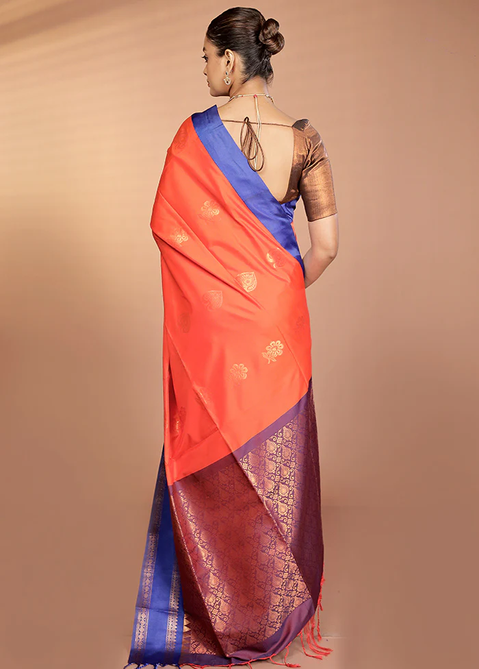 Orange Kanjivaram Silk Saree With Blouse Piece - Image 3