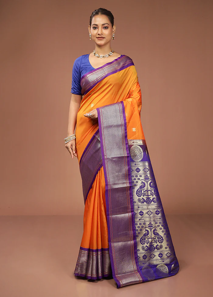 Orange Kanjivaram Silk Saree With Blouse Piece - Image 2