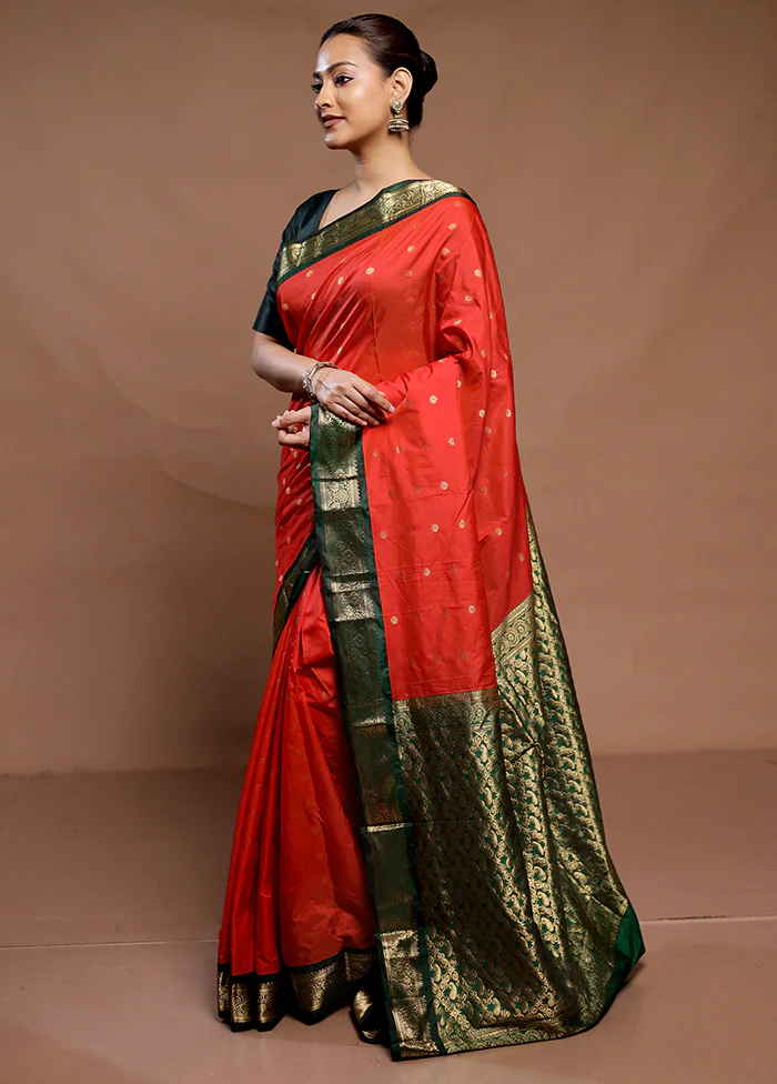 Orange Kanjivaram Silk Saree With Blouse Piece - Image 4
