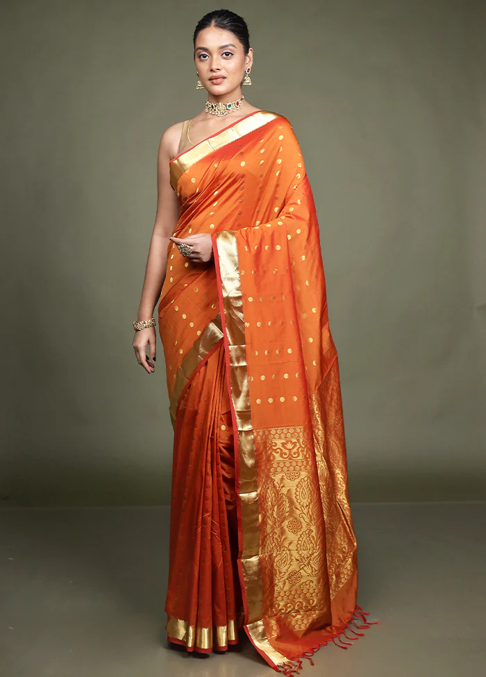 Orange Kanjivaram Silk Saree With Blouse Piece - Image 2