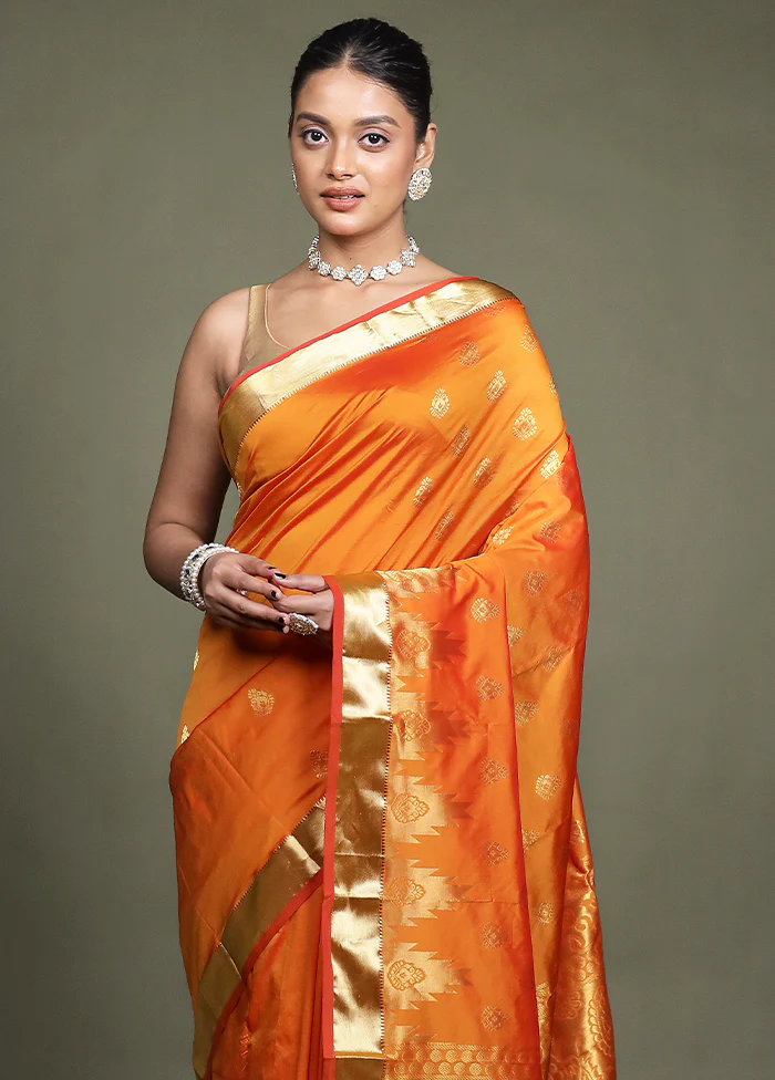 Orange Kanjivaram Silk Saree With Blouse Piece