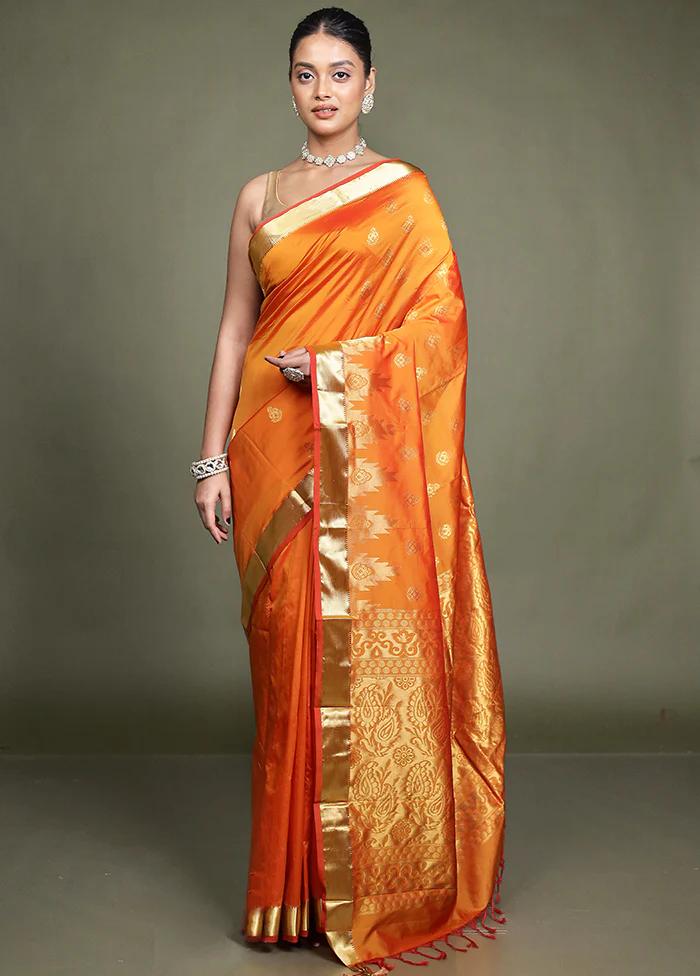 Orange Kanjivaram Silk Saree With Blouse Piece - Image 2