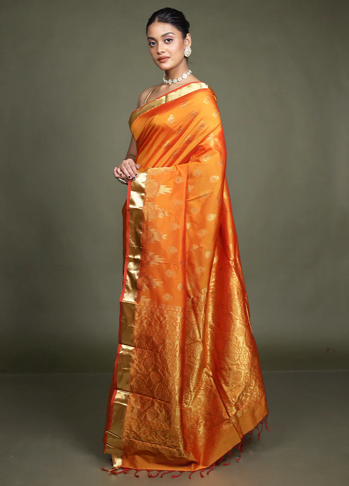 Orange Kanjivaram Silk Saree With Blouse Piece - Image 4