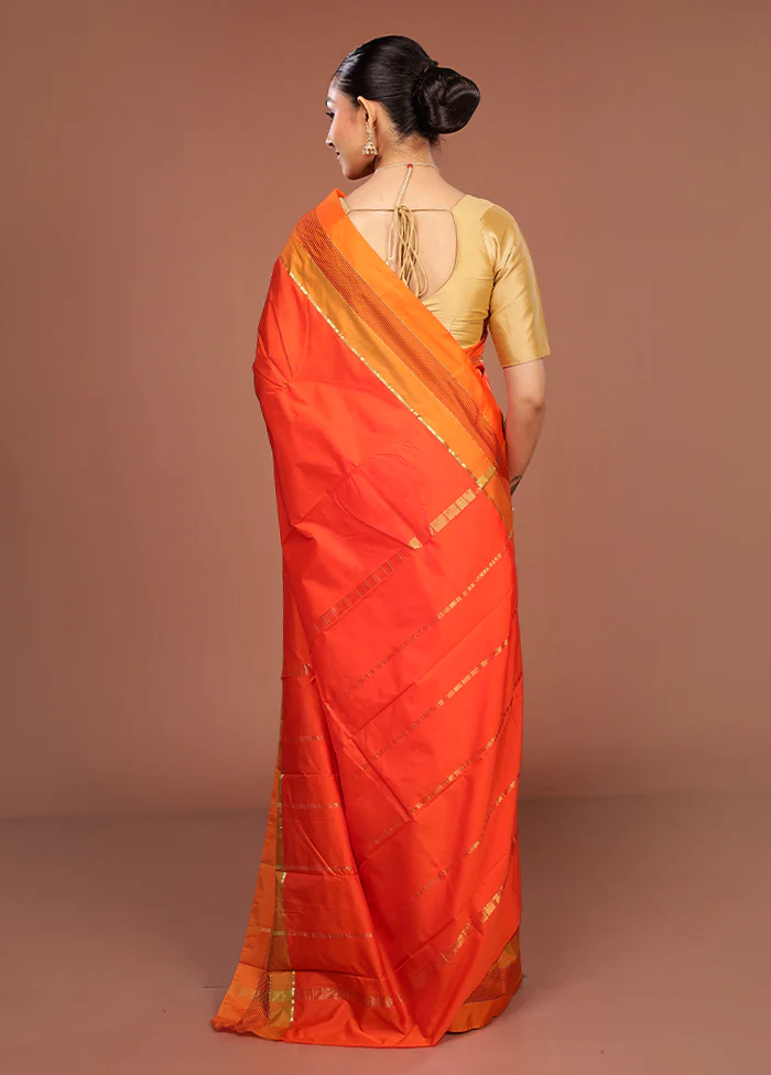 Orange Kanjivaram Silk Saree With Blouse Piece - Image 3